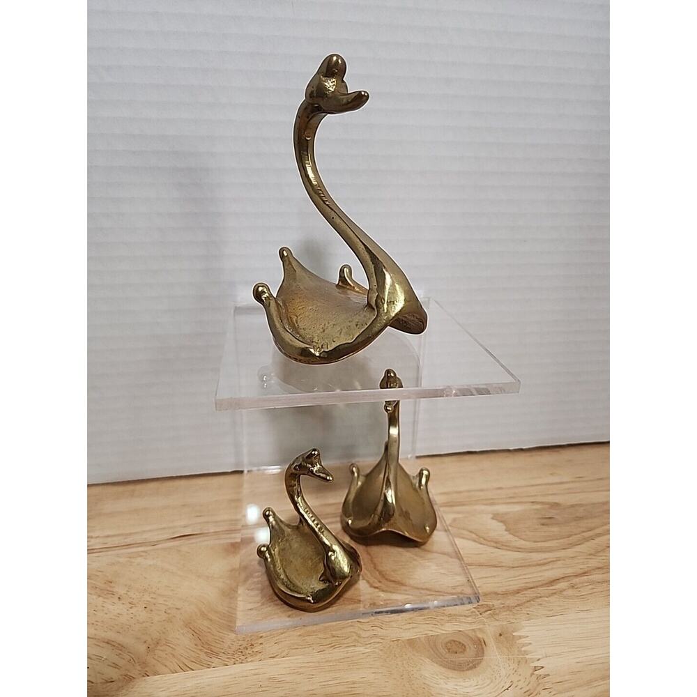 Brass Swan Rockers Trio Trinket Figurines 4" 3" 2.5" Set Vintage
